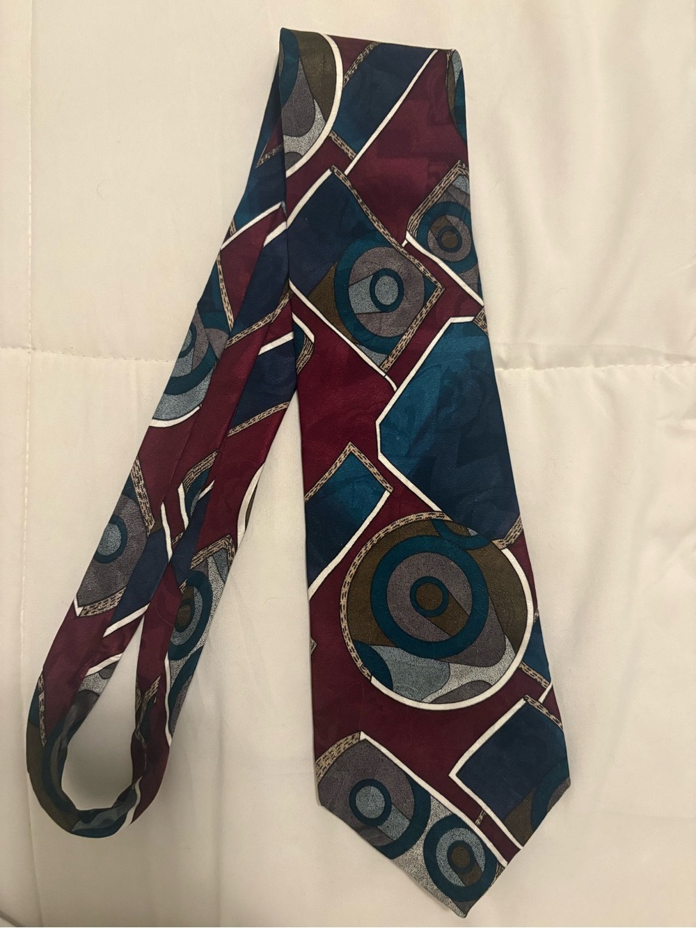 Silk Carlo Ricci Classic Men's Burgundy and Teal Geometric tie